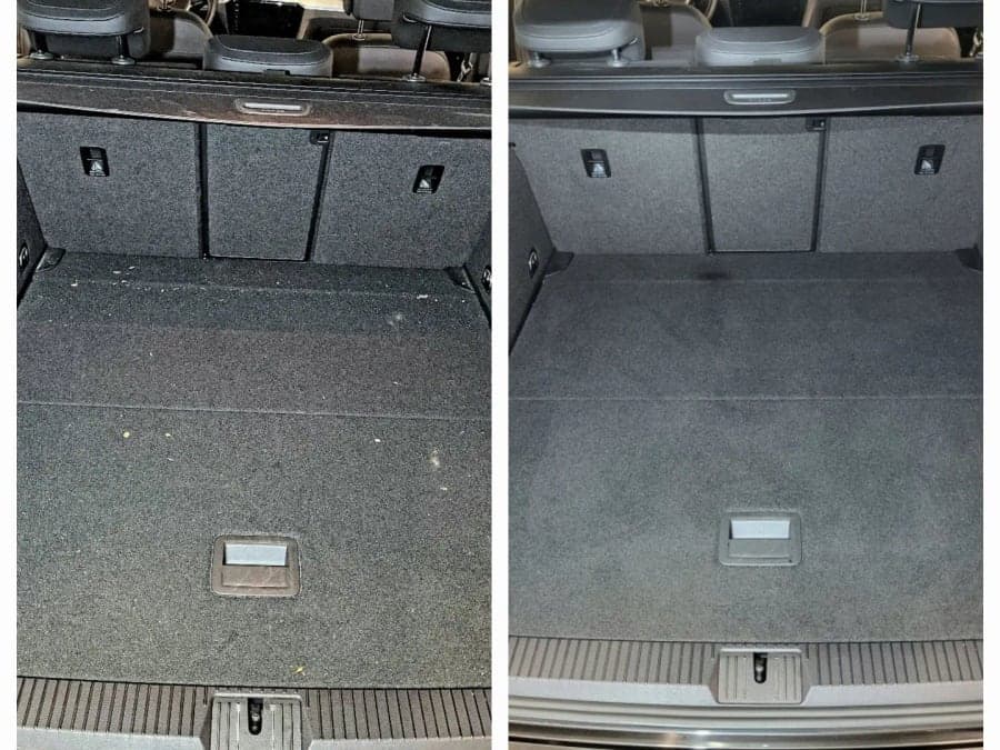 Kofferraum eines VW Passat vor und nach der Reinigung