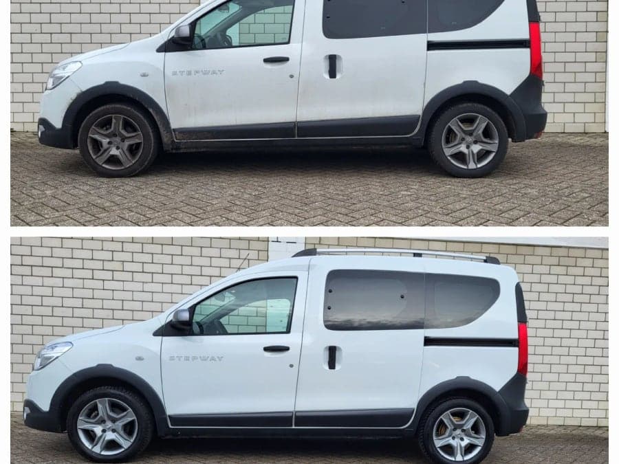 Weißer Dacia Dokker verschmutzt und gereinigt im Seitenvergleich