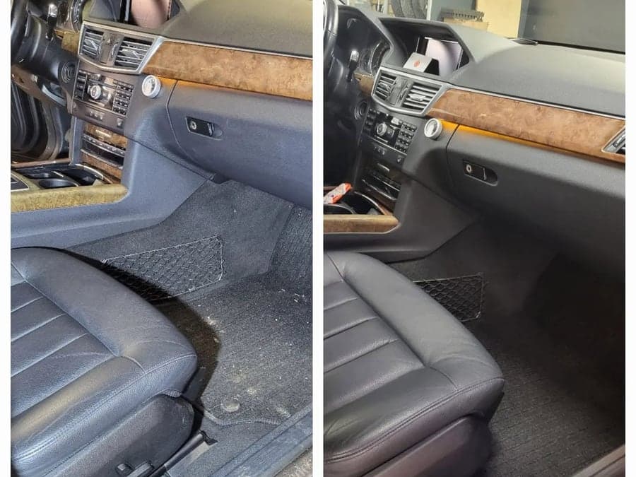 Beifahrerfußraum einer Mercedes E-Klasse vor und nach der Reinigung