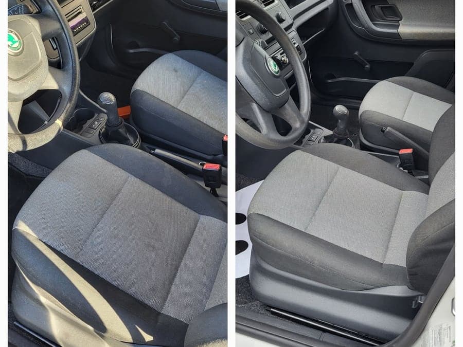 Fahrersitz und Cockpit eines Skoda Fabia im Vorher-Nachher-Vergleich