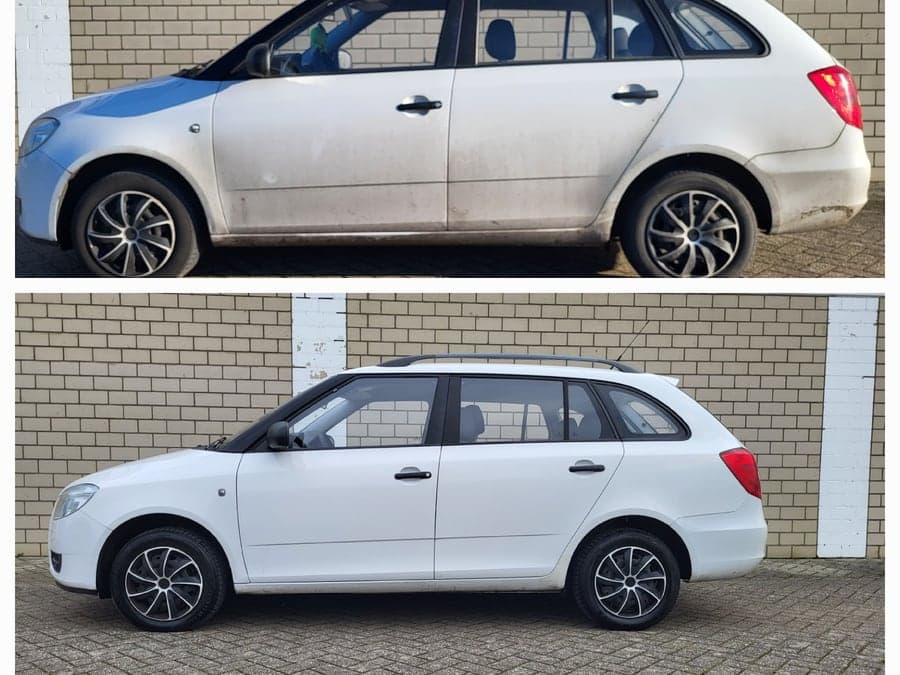 Weißer Skoda Fabia Kombi verschmutzt und gereinigt im Vergleich